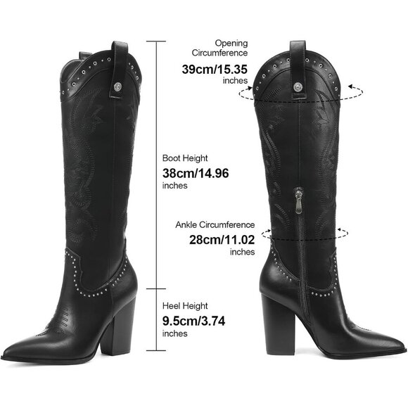 Women 2 Black Embroidered Pointed Toe Knee High Western Chunky Heels Boots - Picture 4 of 7